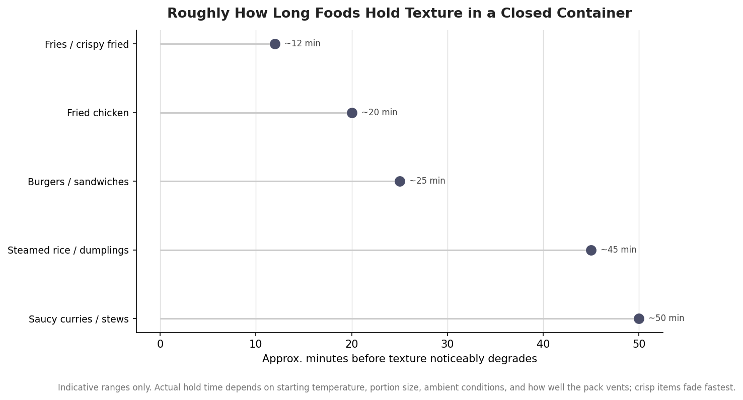 Dot plot of roughly how long different foods hold texture in a closed container, from about twelve minutes for fries to about fifty for saucy stews